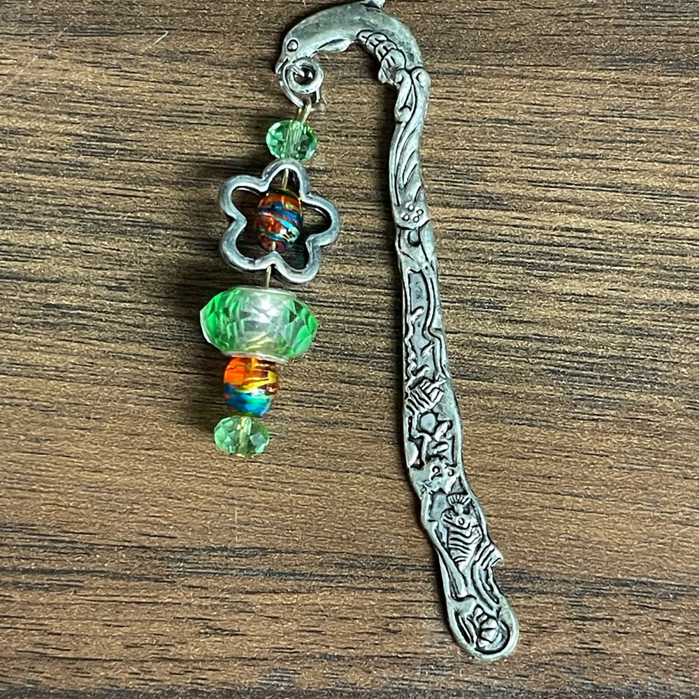 Silver Bookmark with Green and Orange Beads